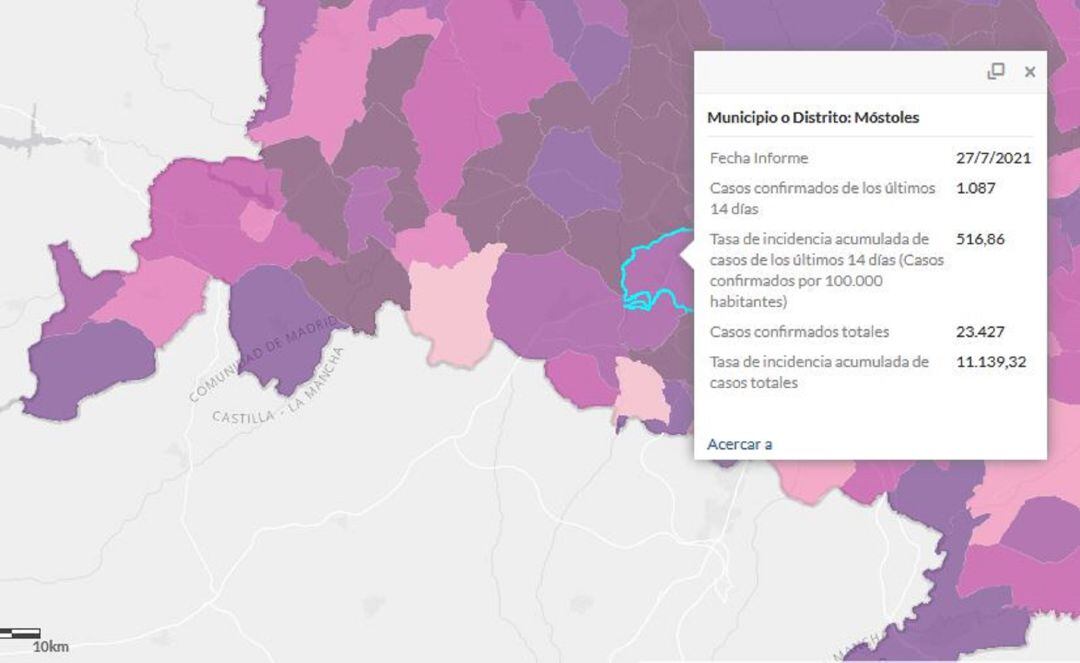 Mapa epidemiológico con los datos de Móstoles