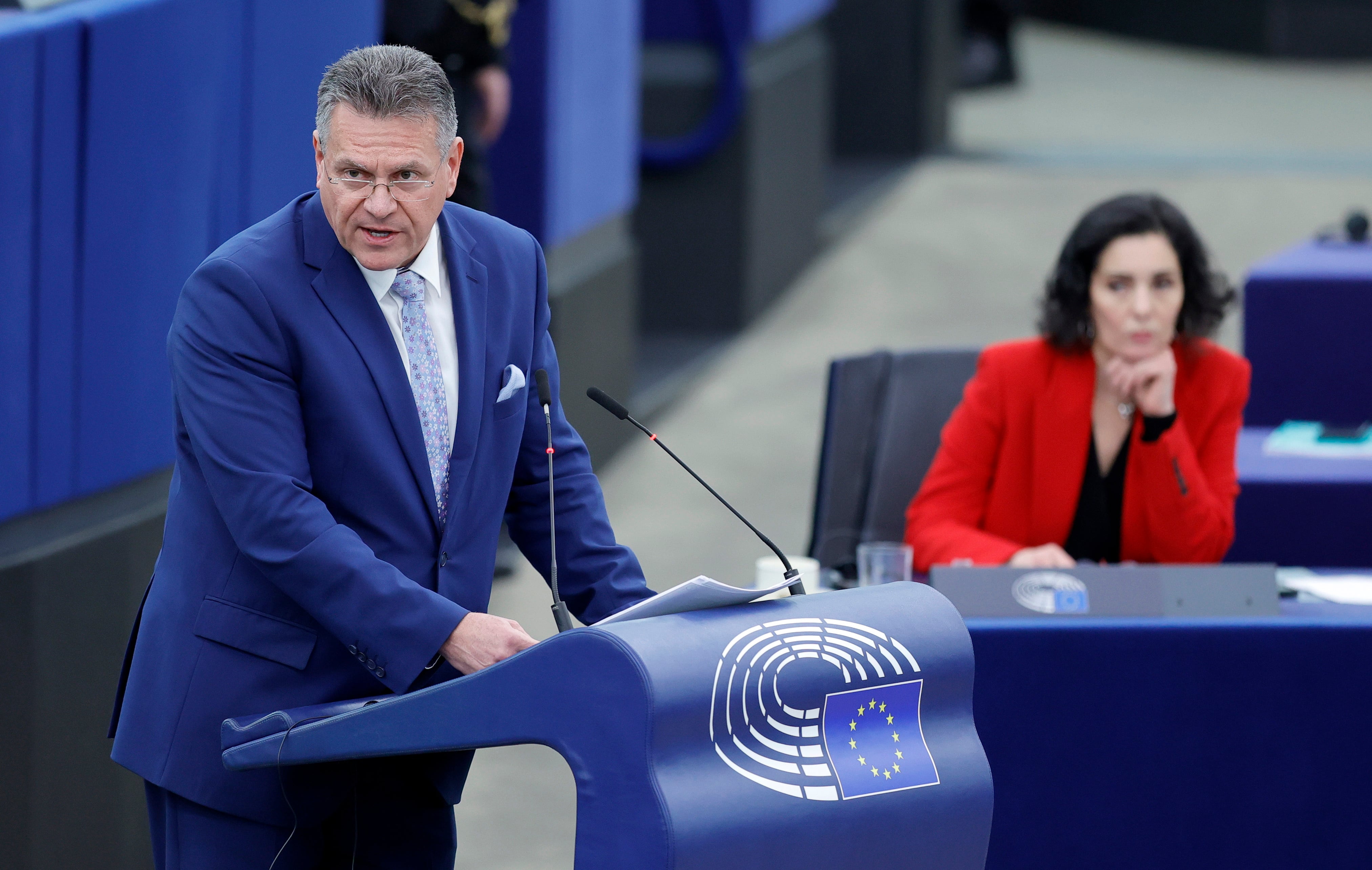 El vicepresidente de la Comisión, Maros Sefcovic, durante su intervención en el pleno del Parlamento Europeo en Estrasburgo