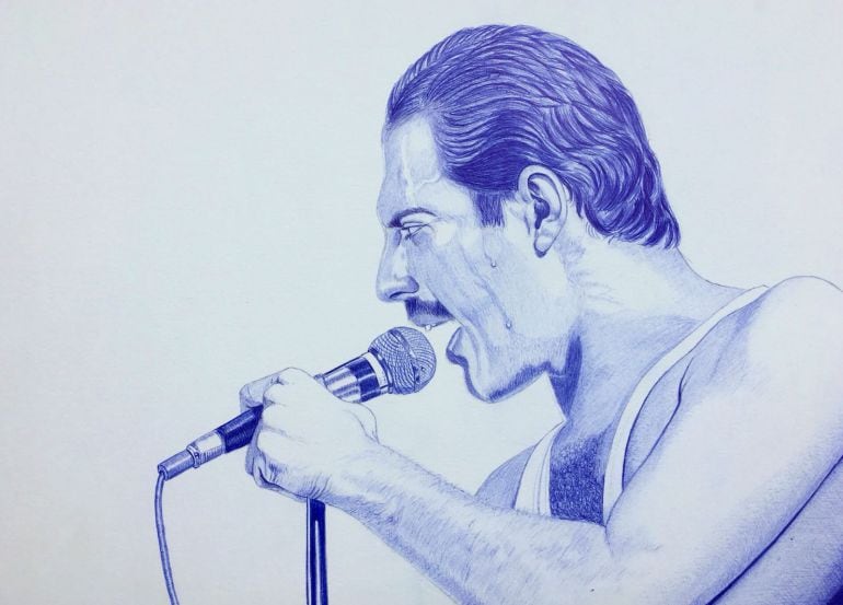 lustración de Freddie Mercury realizada en boligrafo para Sofá Sonoro