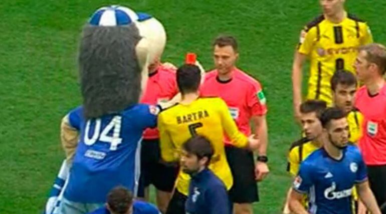 Momento en el que la mascota del Schalke saca la tarjeta roja al colegiado.