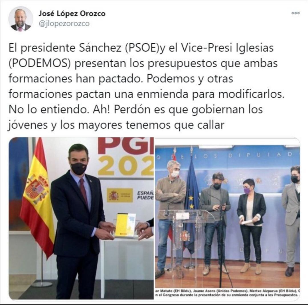 Imagen del mensaje publicado por el socialista José López Orozco en su perfil de la red social Twitter