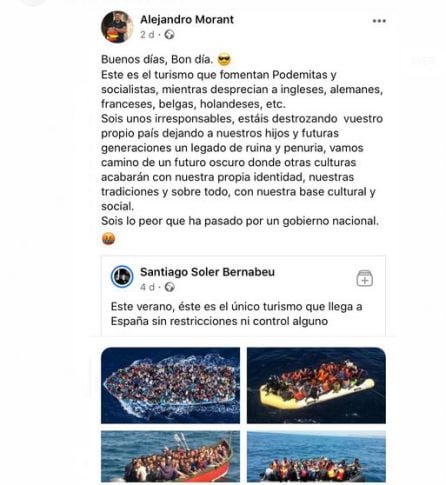 Mensaje colgado por Alejandro Morant en Facebook el pasado 28 de julio.