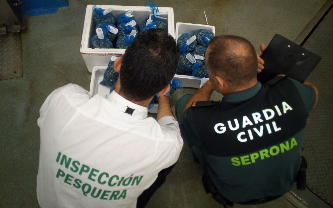 Dos agentes observan las cajas requisadas.