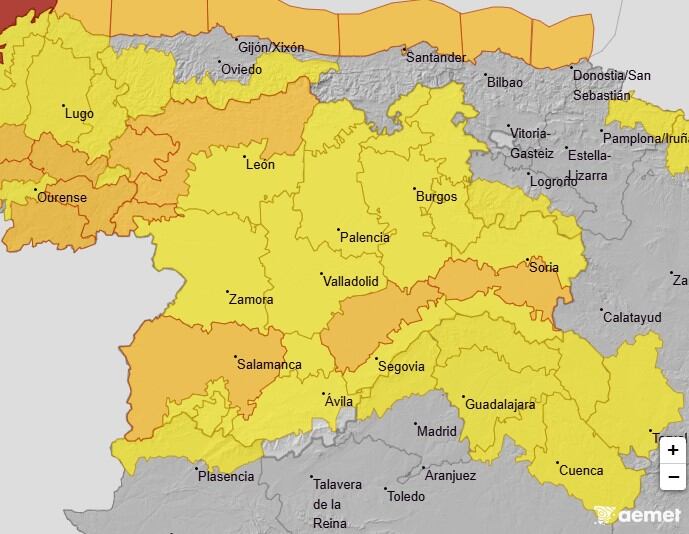 Mapa de avisos de la AEMET para este viernes, 23 de enero, en Castilla y León