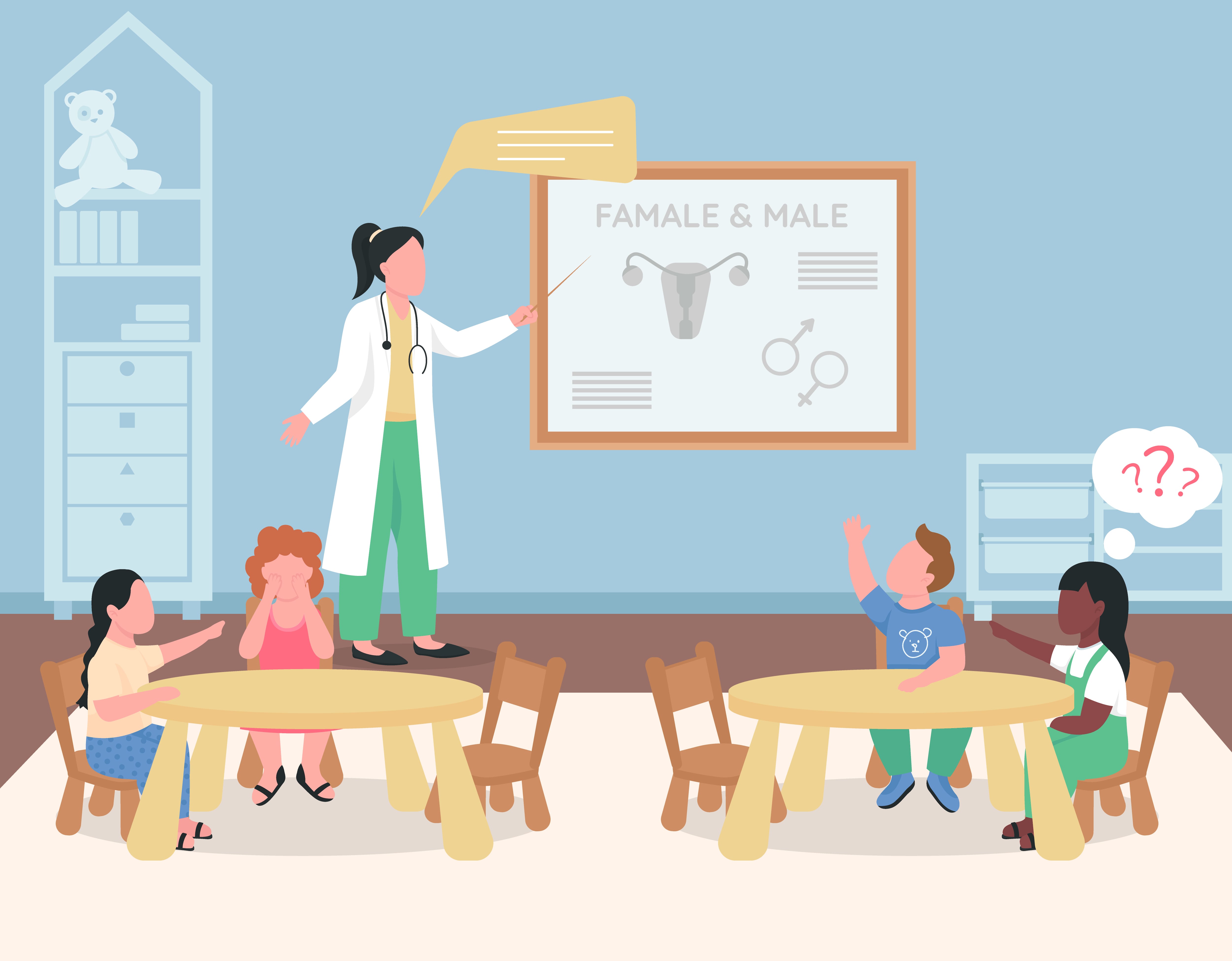 Pediatrician teaching preschool kids flat color vector illustration. Class on healthcare. Kindergarten lesson 2D cartoon characters with teacher in white medical uniform on background