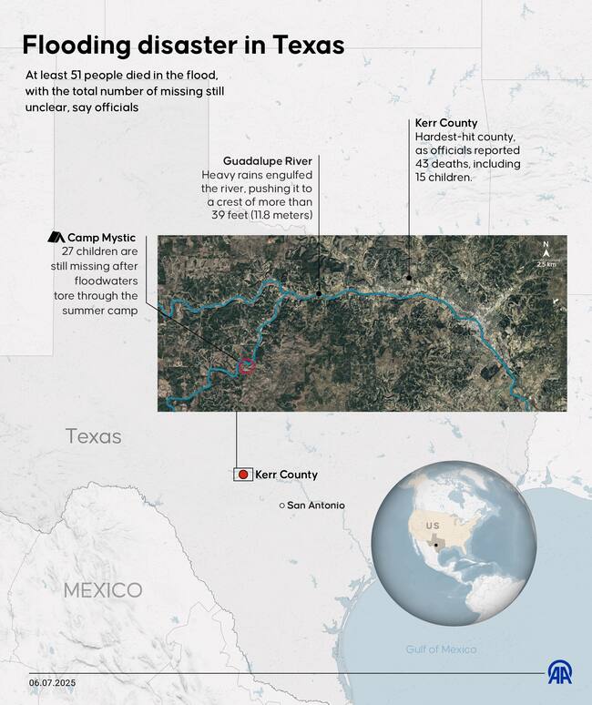 Un mapa muestra el desastre generado en Texas, Estados Unidos, tras las inundaciones que han sufrido distintas zonas.