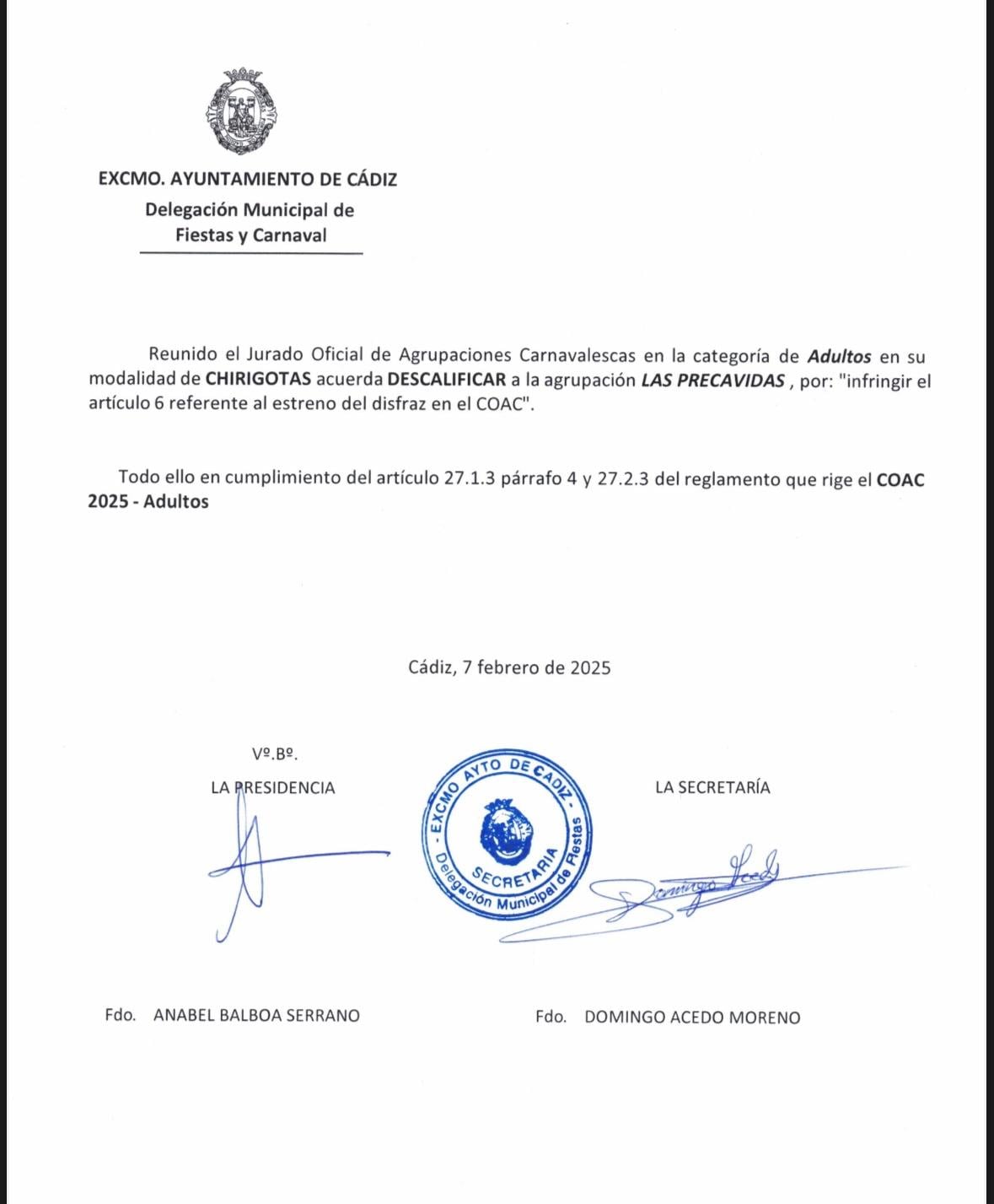 Comunicado oficial del Ayuntamiento de Cádiz.