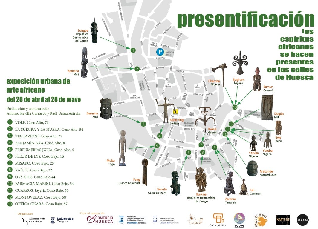 Mapa de escaparates de comercios de Huesca que contarán con piezas de arte africano