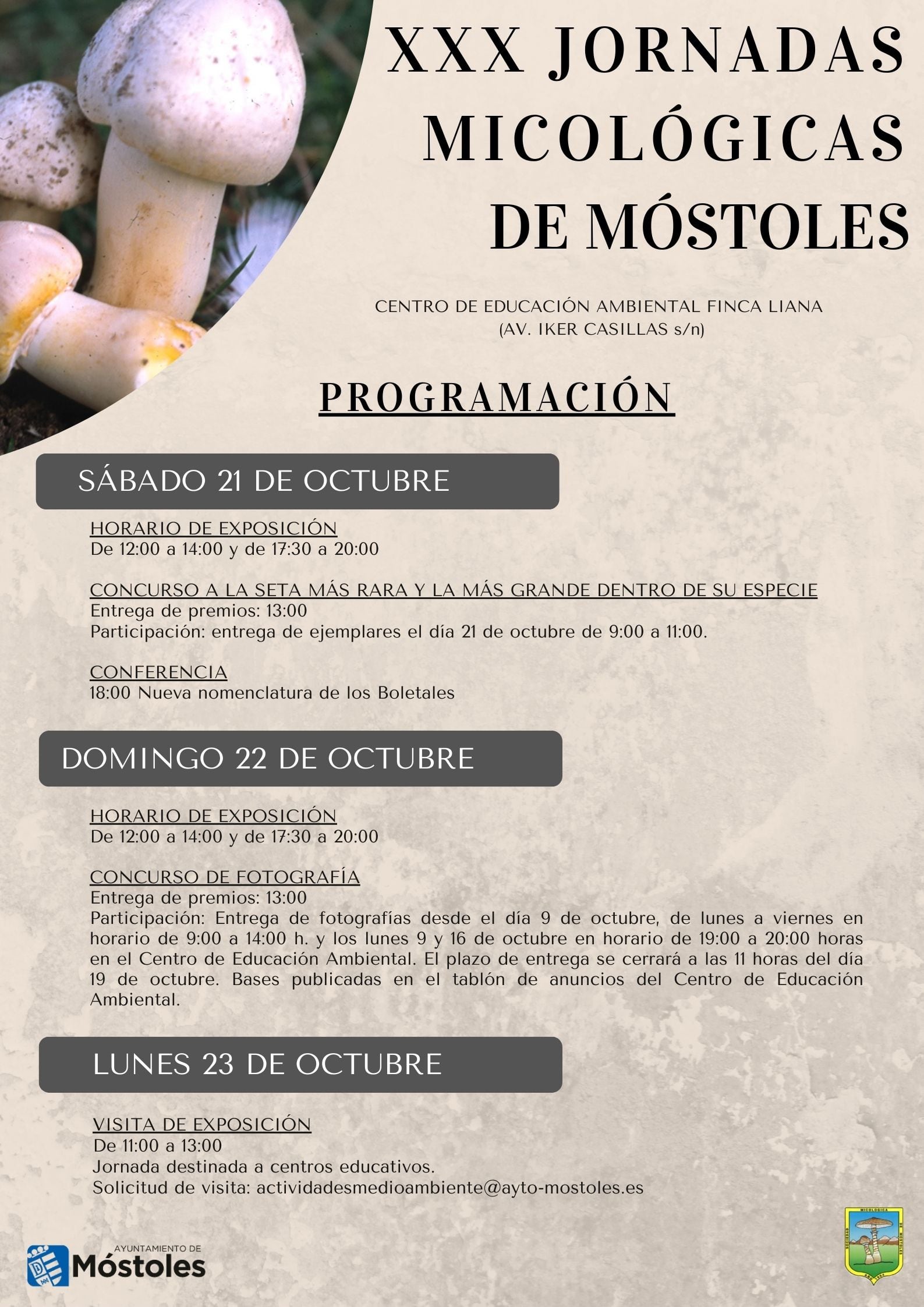 Programación de las XXX Jornadas Micológicas de Móstoles.