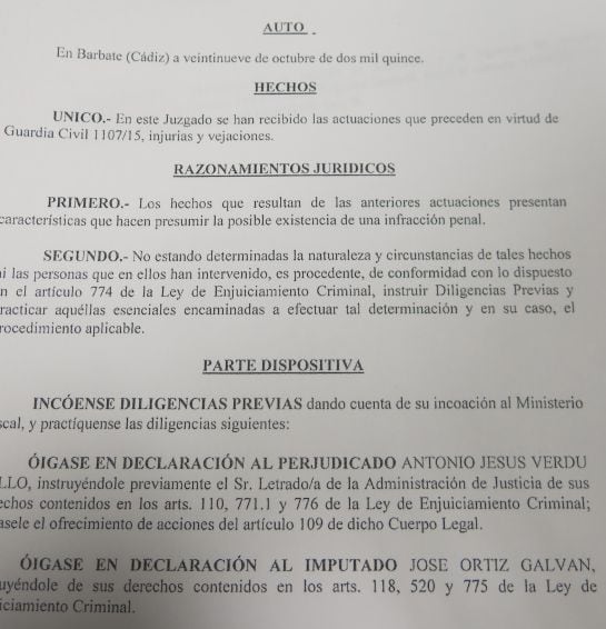 Auto de imputaci&oacute;n de Jos&eacute; Ortiz por el juzgado n&uacute;mero dos de Barbate (C&aacute;diz)