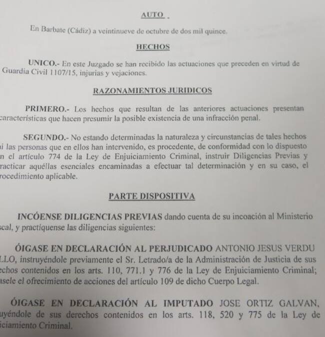 Auto de imputación de José Ortiz por el juzgado número dos de Barbate (Cádiz)
