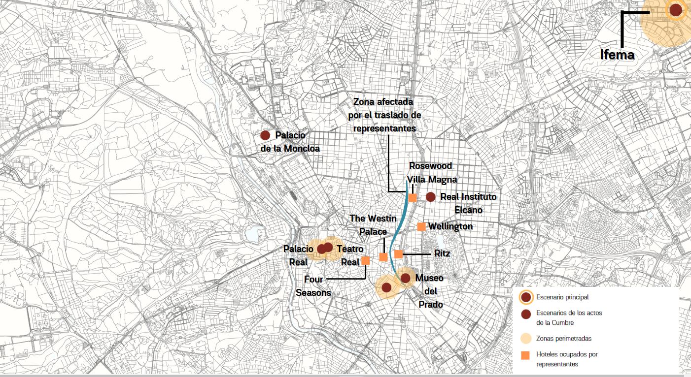 Mapa de las zonas afectadas por la cumbre de la OTAN en Madrid / Mariola Sarrió Jurado