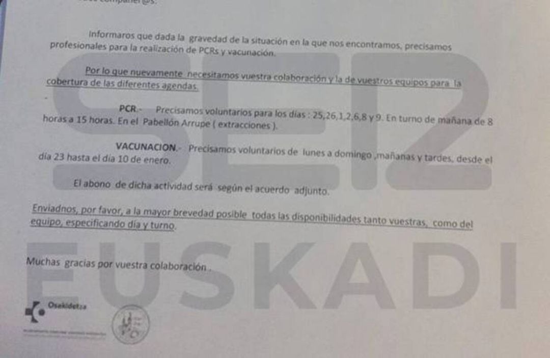 Una de las comunicaciones emitidas por la OSI Bilbao-Basurto