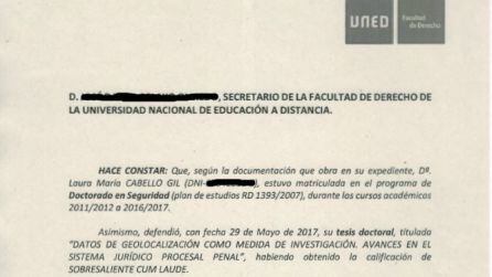 Documento de la UNED que acredita que Laura Cabello obtuvo su doctorado a través de esta universidad