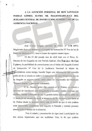 Carta íntegra de José Castro a Santiago Pedraz.