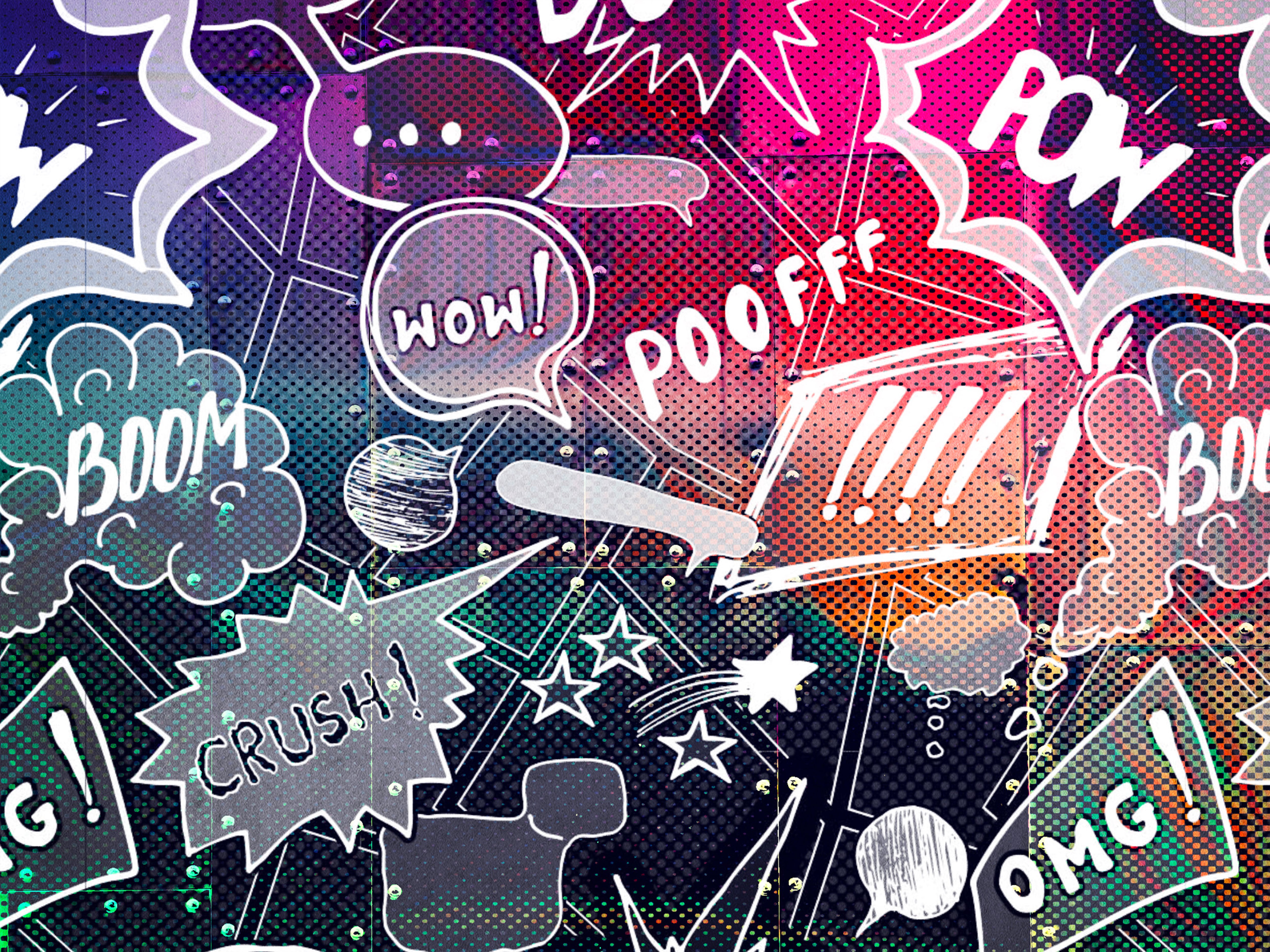 Retro comic Pop Art speech bubbles, Expression text OUCH, COOL, LIKE, HELLO, WOW, POW.