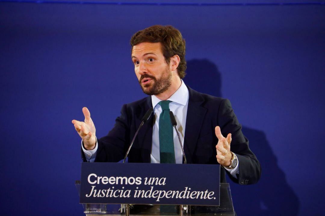 El presidente nacional del PP, Pablo Casado, durante la inauguración de la jornada &quot;Independencia judicial y regeneración institucional&quot; 