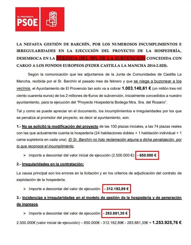 Hoja 1 del escrito que envió el PSOE de El Provencio