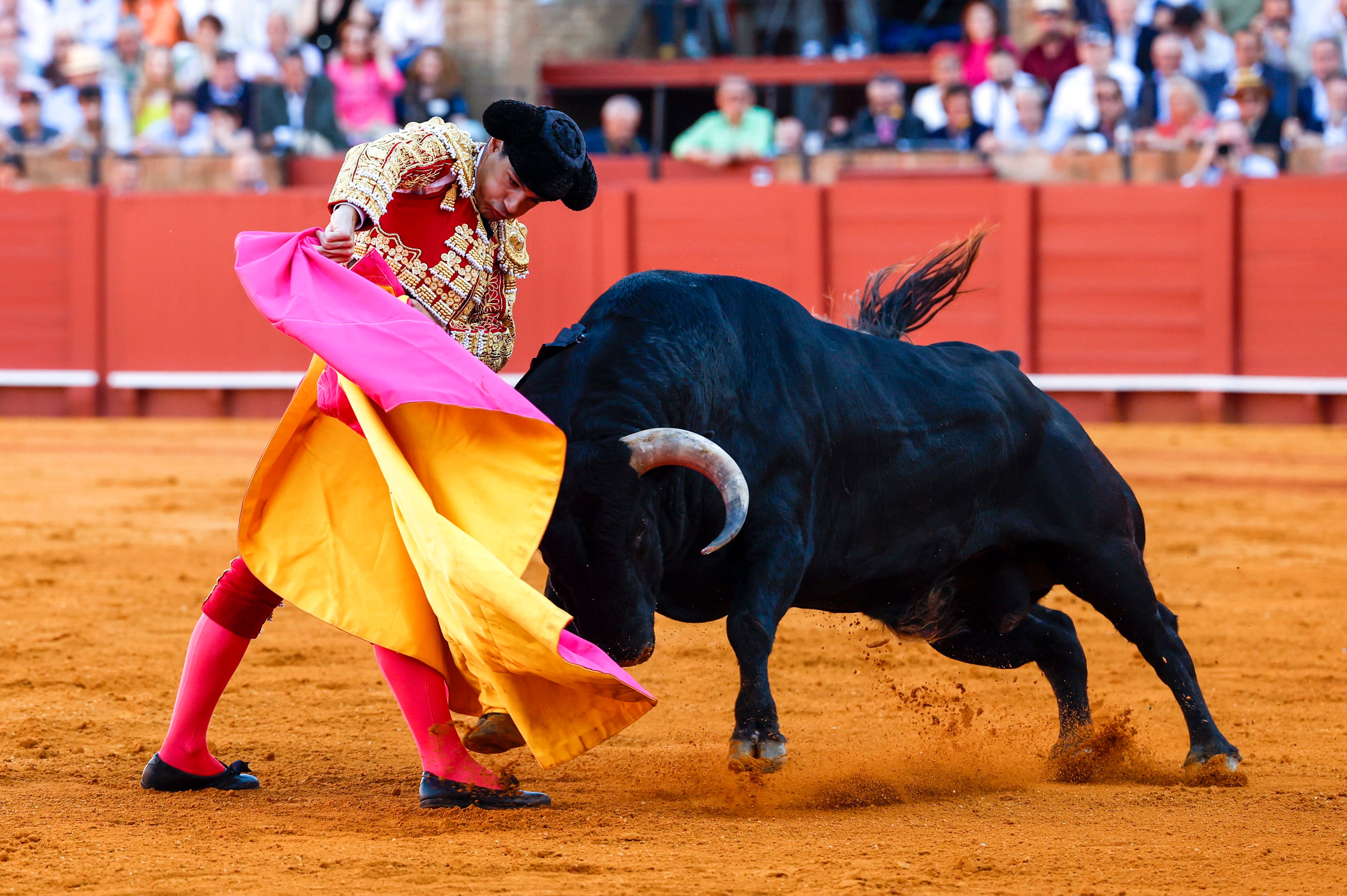 SEVILLA, 11/04/2024.- El diestro Pablo Aguado lidia su primer toro de la tarde durante el quinto festejo de la Feria de Abril, este jueves en la plaza de toros de la Real Maestranza de Sevilla, con toros de Juan Pedro Domecq. EFE/ Julio Muñoz
