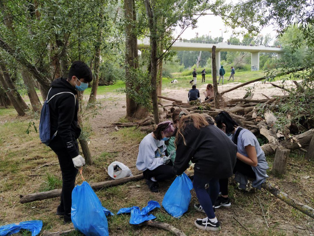 Un grupo de jóvenes limpia los restos de botellones del entorno del Ebro