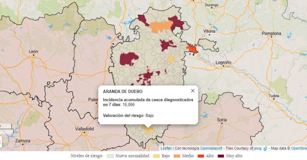 Mapa de Incidencia Acumulada en 7 días con valoración de riesgo bajo en Aranda