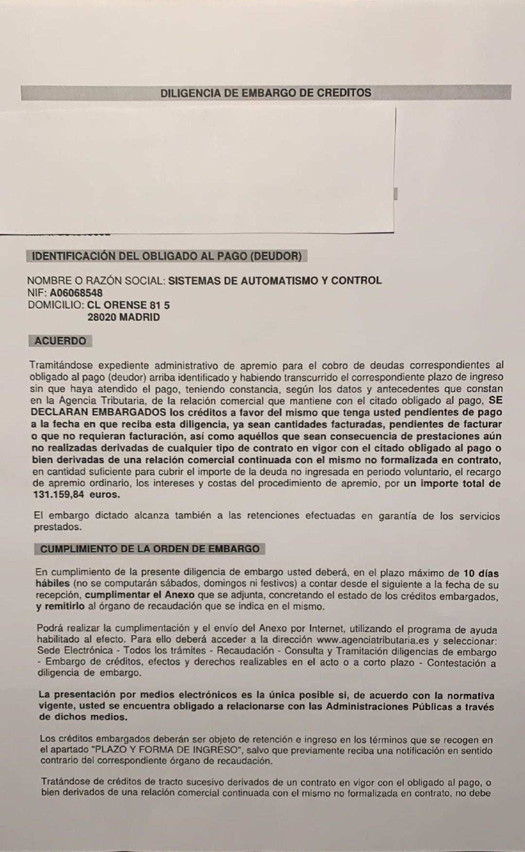 Diligencia de embargo contra la concesionaria del agua de Carrión de los Condes (Palencia)