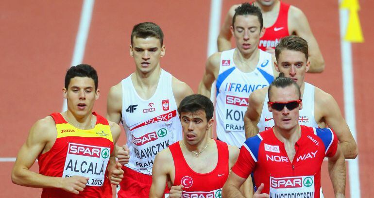 PRAGUE, CZECH REPUBLIC - MARCH 07:  (L-R) Marc Alcala of Spain, Artur Ostrowski of Poland, Diego Ruiz of Spain and Dmitrijs Jurkevics of Lativa compete in the Men&#039;s 1500 metres rounds during day two of the 2015 European Athletics Indoor Championships at O