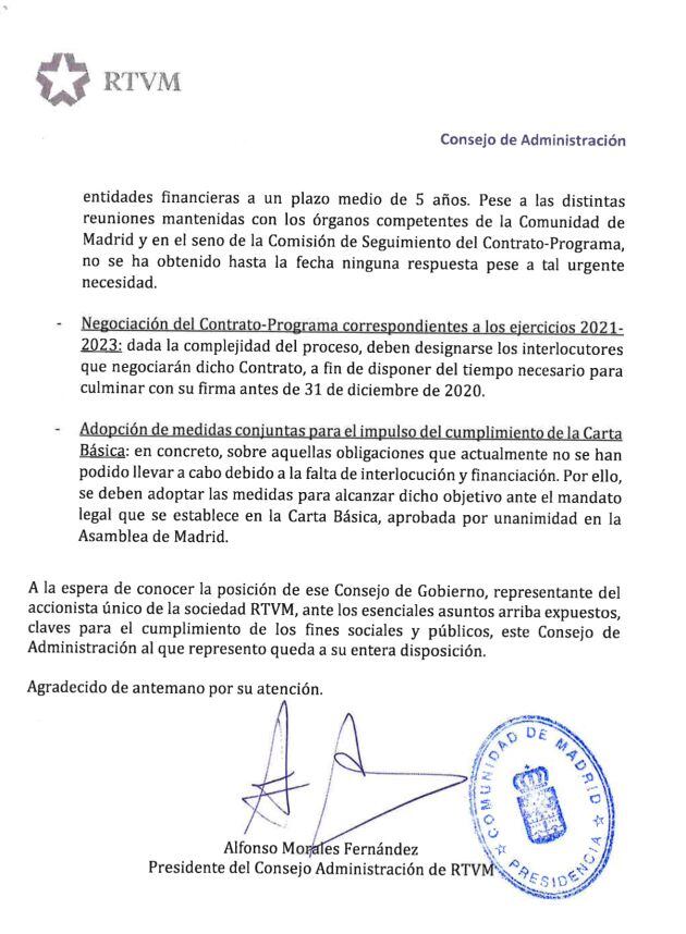 Carta remitida por el Consejo de Administración de RTVM al Consejo de Gobierno