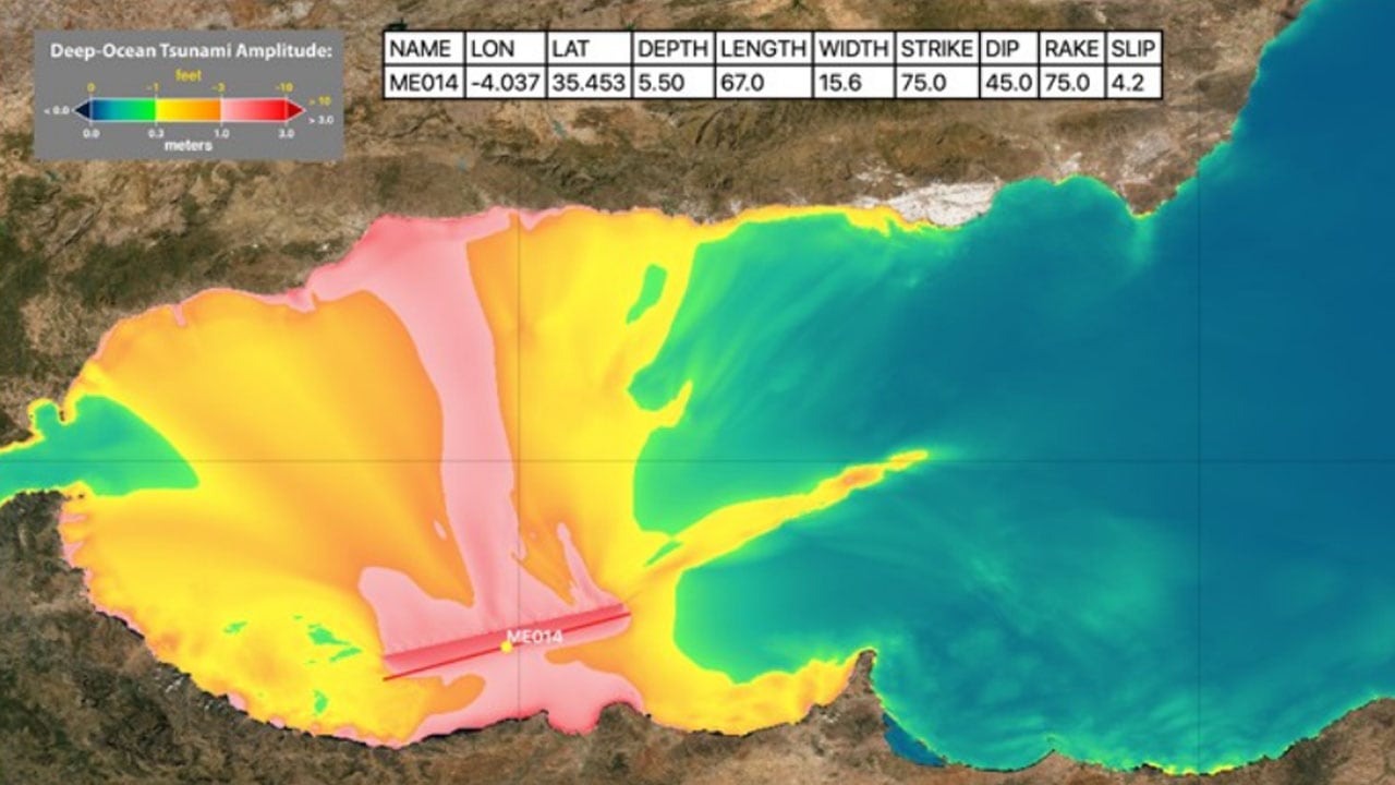 Uno de los mapas de riegos de tsunami por maremotos en el Mar de Alborán, afectando a las costas de Andalucía