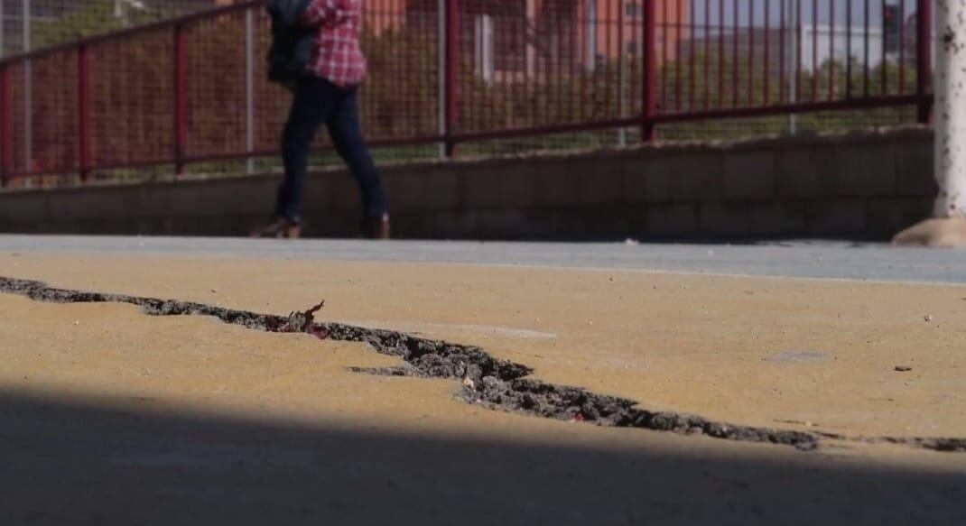 Grieta en el patio del CEIP El Palmeral, provocada por el mal estado del centro y el crecimiento de las raíces de los árboles