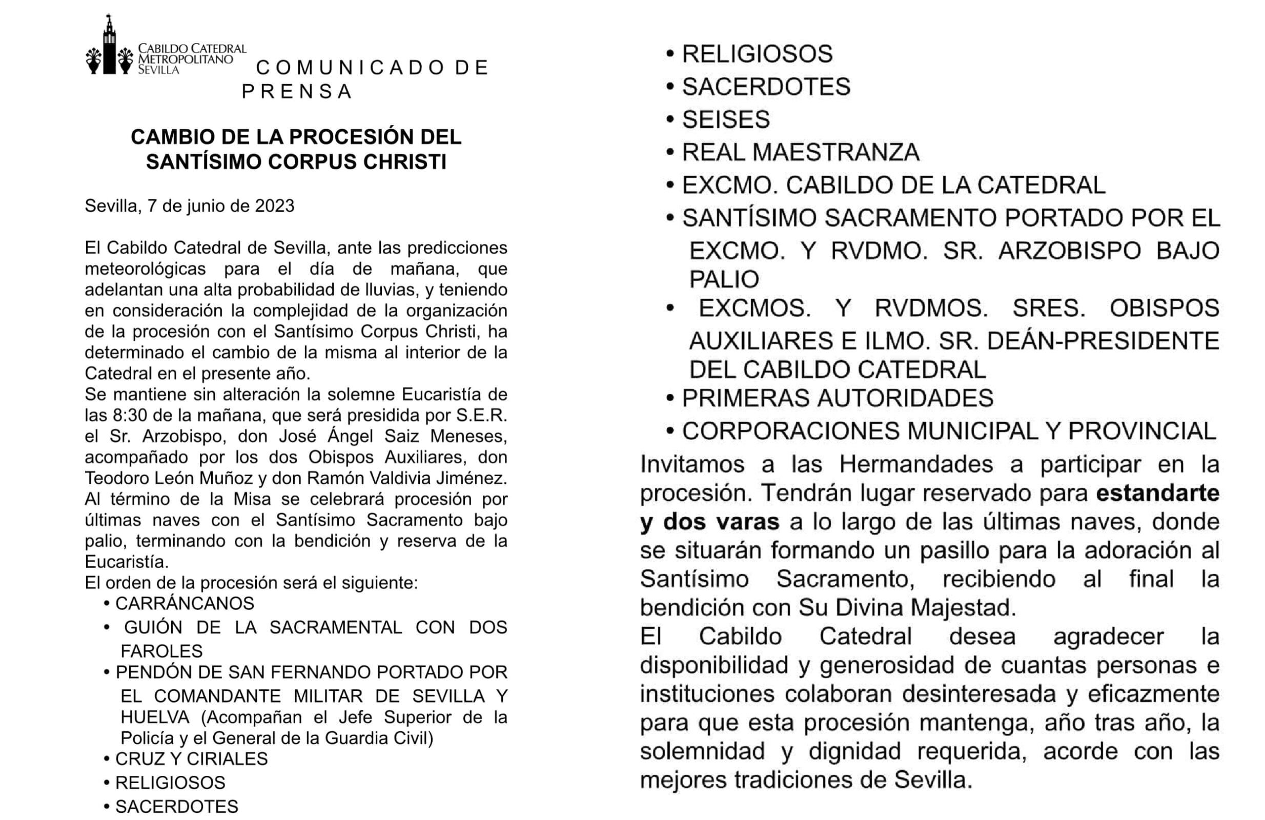 Nota de prensa del Cabildo Catedral de Sevilla anunciando la suspensión de la procesión del Corpus por las calles de la ciudad