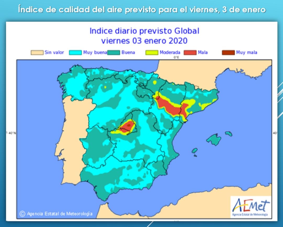 Mapa de la contaminación en España el 3 de enero de 2020. 