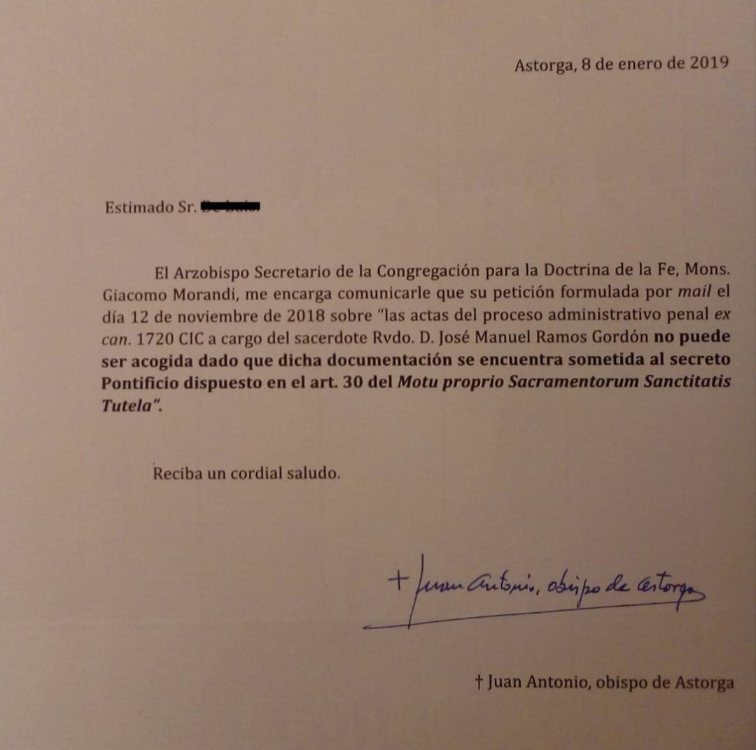 Carta recibida por la víctima donde se le deniega el acceso a las actas de su propio proceso