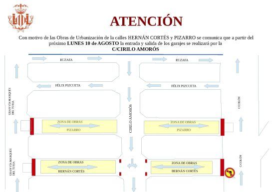 Plano de las obras en Pizarro y Hern&aacute;n Cort&eacute;s