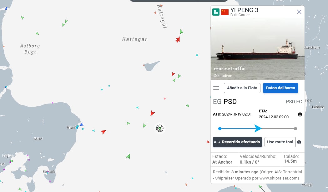 Ubicación del barco chino Yi Peng 3 en el estrecho de Kattegat en la mañana de este miércoles