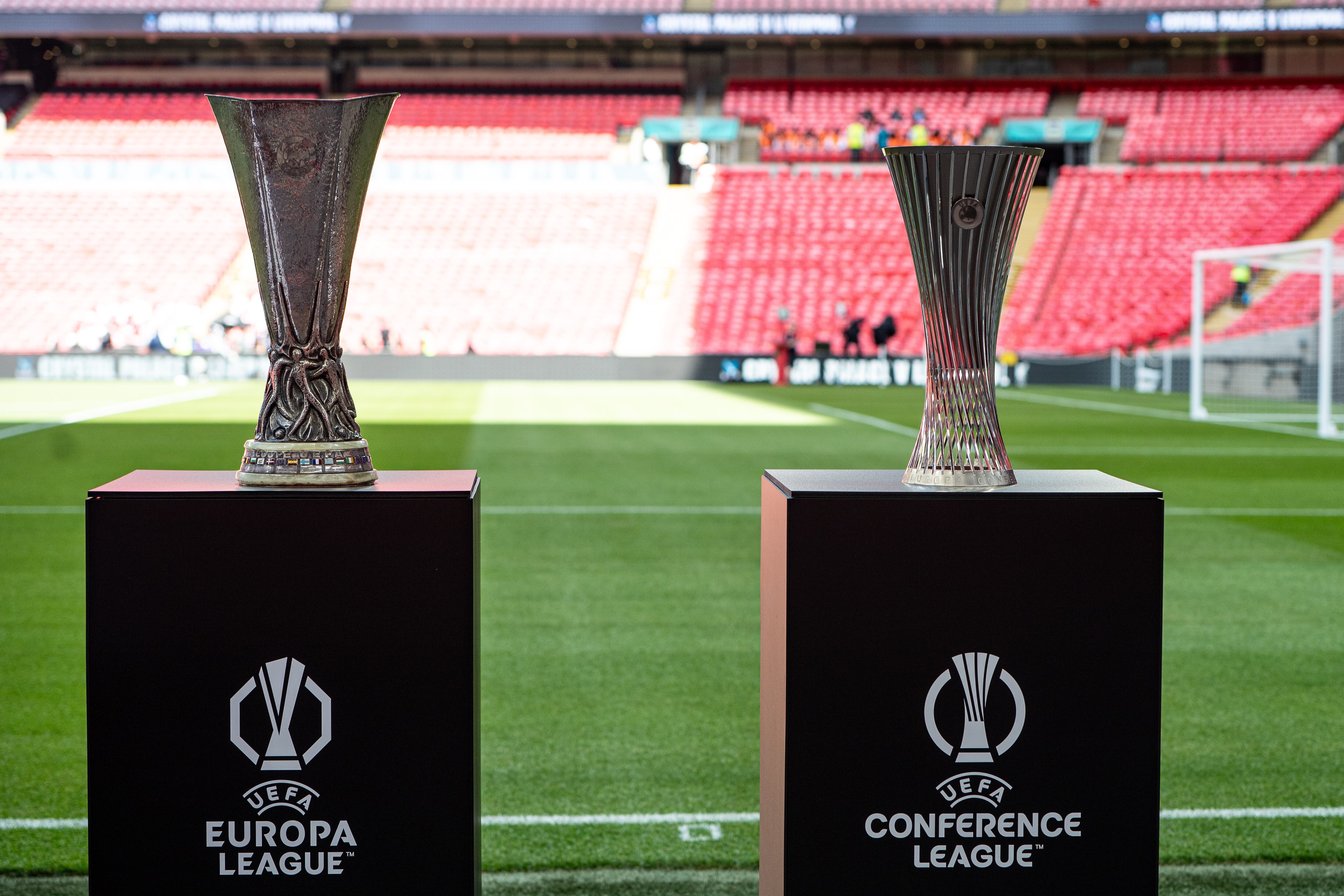 LONDON, ENGLAND - AUGUST 10: UEFA Europa League and Conference League trophies displayed at stadium prior to the 2025 FA Community Shield match between Crystal Palace and Liverpool at Wembley Stadium on August 10, 2025 in London, England. (Photo by Sebastian Frej/Getty Images)