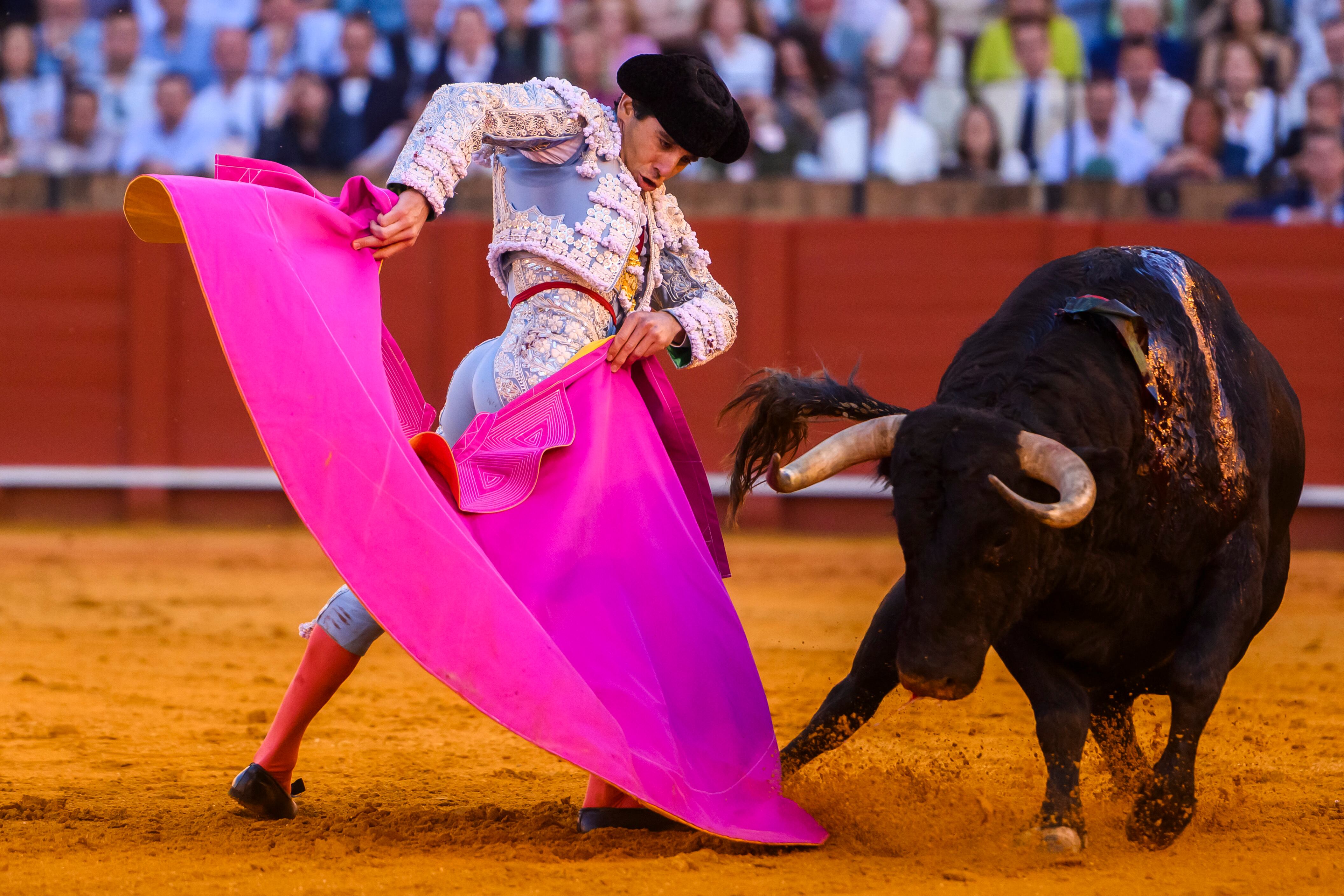 SEVILLA, 01/05/2025.- El diestro Juan Ortega da un pase con el capote al segundo de su lote, al que ha cortado dos orejas, durante el sexto festejo de abono que se celebra hoy jueves en La Real Maestranza de Sevilla. EFE/Raúl Caro