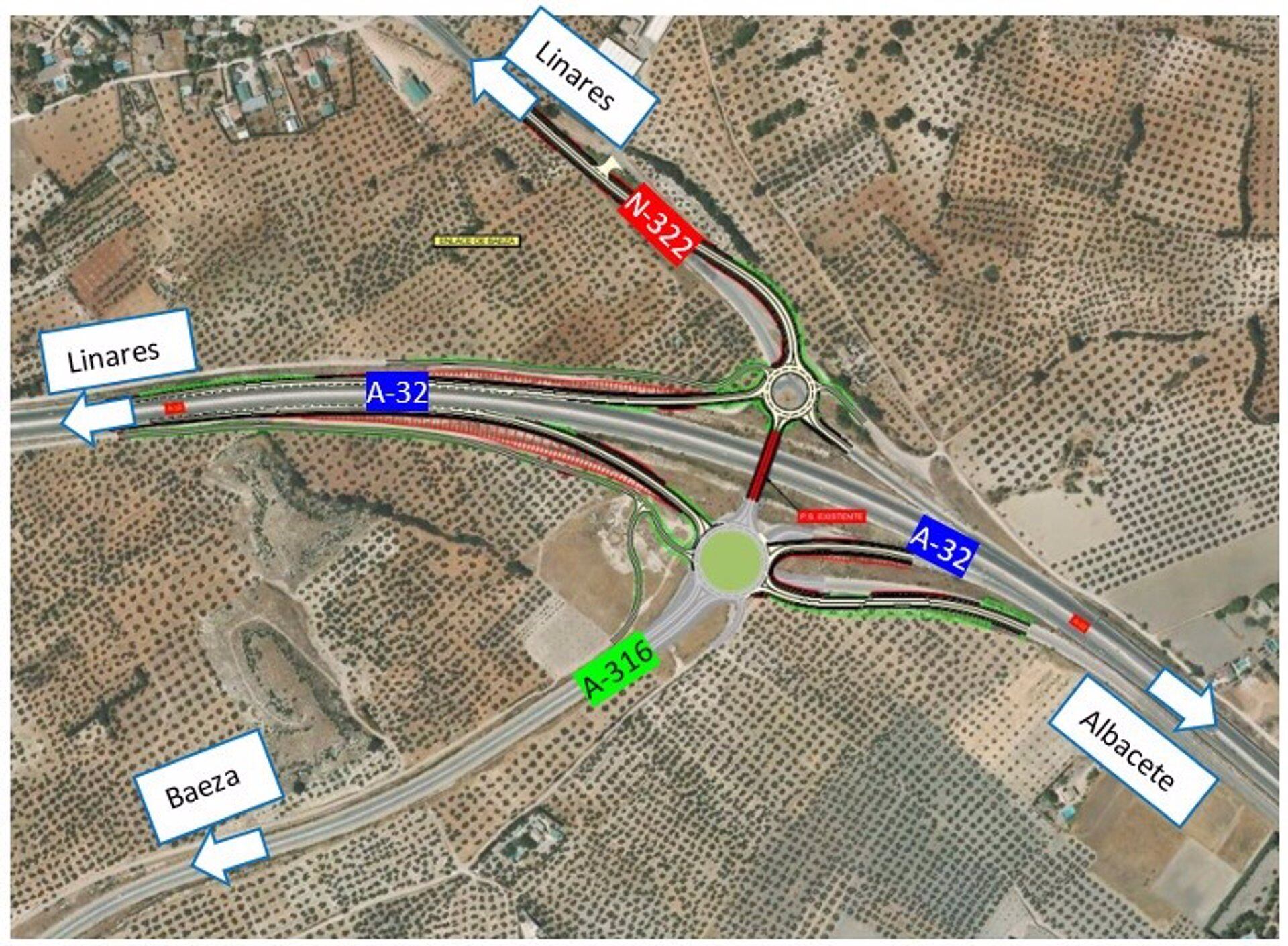 El Ministerio de Transportes adjudica por 2,5 millones las obras del semienlace entre la autovía A-32 y la A-316 que se señaliza en este gráfico