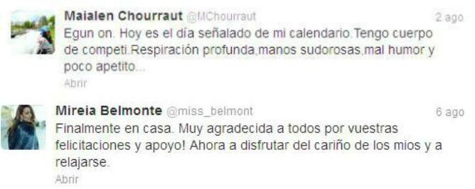 Tweets de las deportistas españolas Maialen Chourraut y Mireia Belmonte