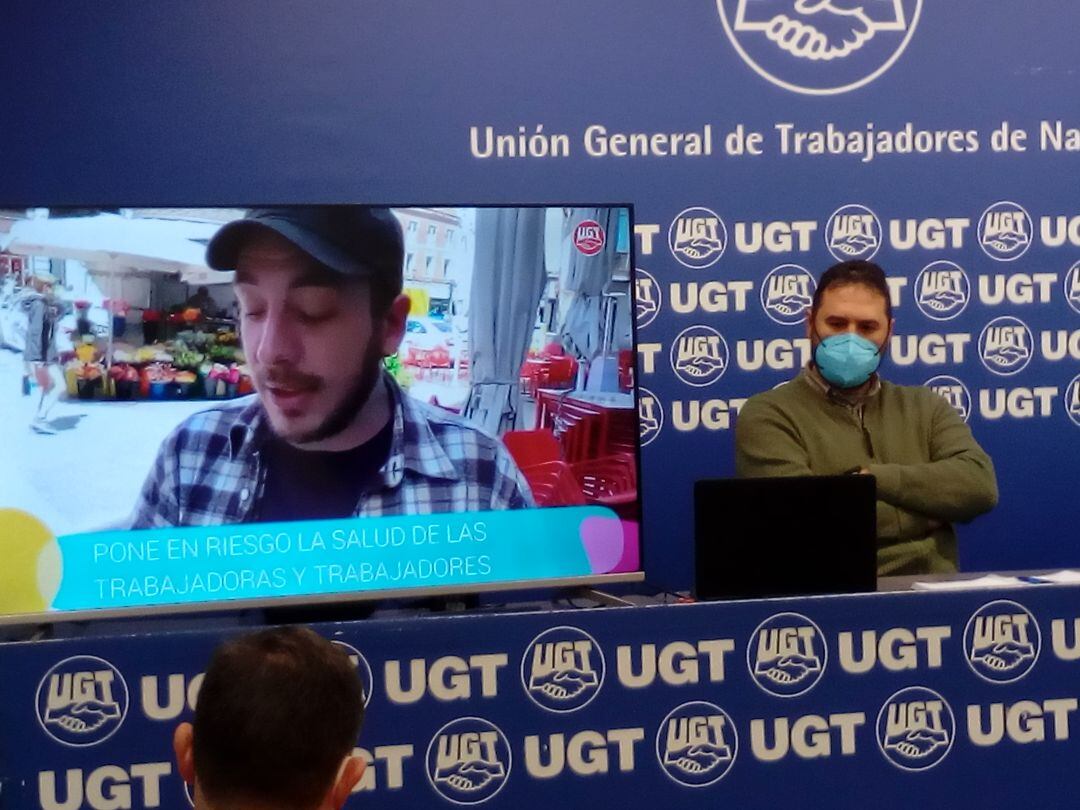 En Pamplona, rueda de prensa de UGT sobre la situación laboral, la demanda judicial y el proceso de regularización del colectivo de &#039;riders&#039; que se está negociando en la mesa estatal de Diálogo Social