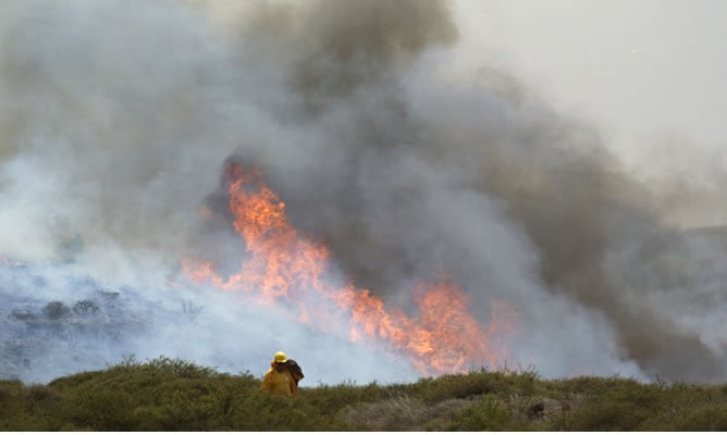 Un bombero junto a las llamas del incendio forestal declarado esta tarde en la zona de Las Paredes