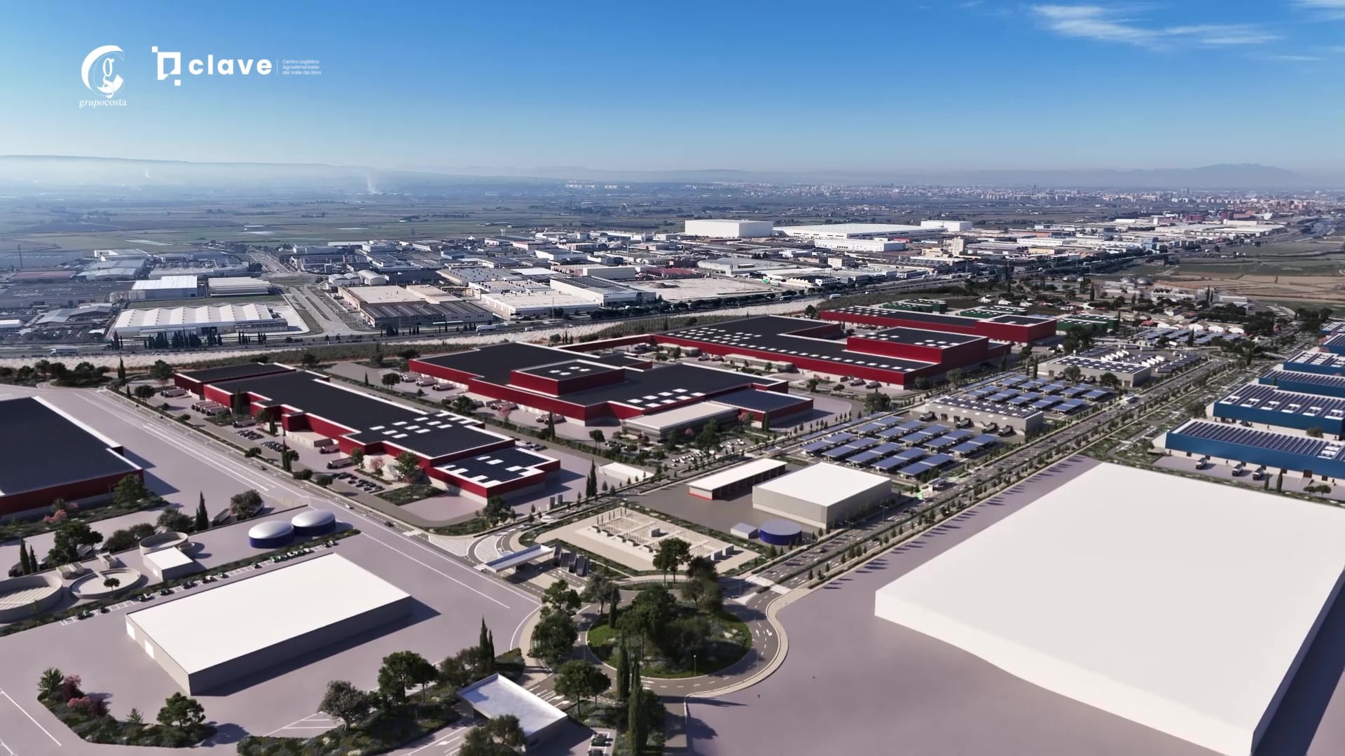 Proyecto Clave, el centro logístico agroalimentario del valle  del Ebro, que proyecta el Grupo Costa en Villamayor de Gállego (Zaragoza) - recreación vista panorámica