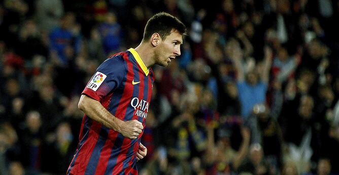 El delantero argentino del Barcelona celebra el segundo gol del equipo