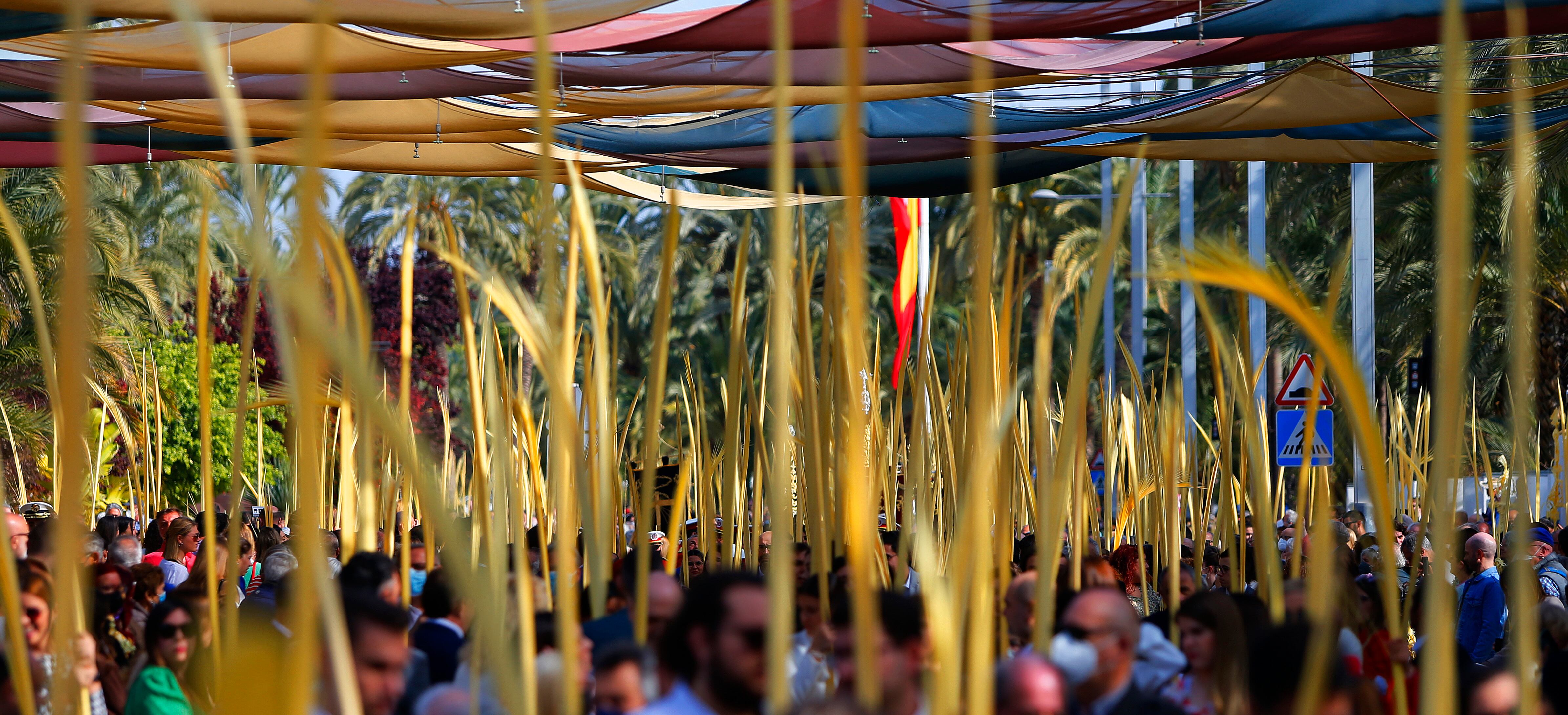 GRAF7241. ELCHE, 10/04/2022.- Los fieles portan sus palmas blancas, algunas de ellas ornamentales, durante la procesión junto al paso de Jesús Triunfante este Domingo de Ramos en Elche, declarada de interés turístico internacional. EFE/Manuel Lorenzo
