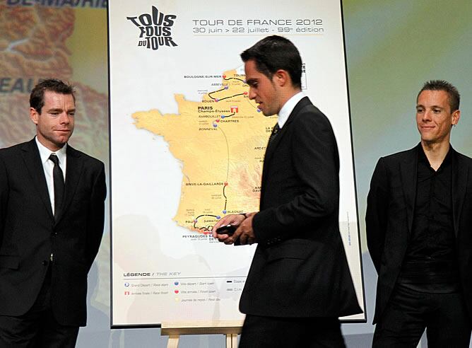 Evans, Contador y Gilbert, en la presentación del itinerario del Tour 2012