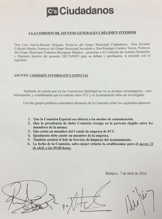 Documento firmado por los tres grupos de la oposición con las &quot;condiciones&quot; de la comisión de investigación que solicitan