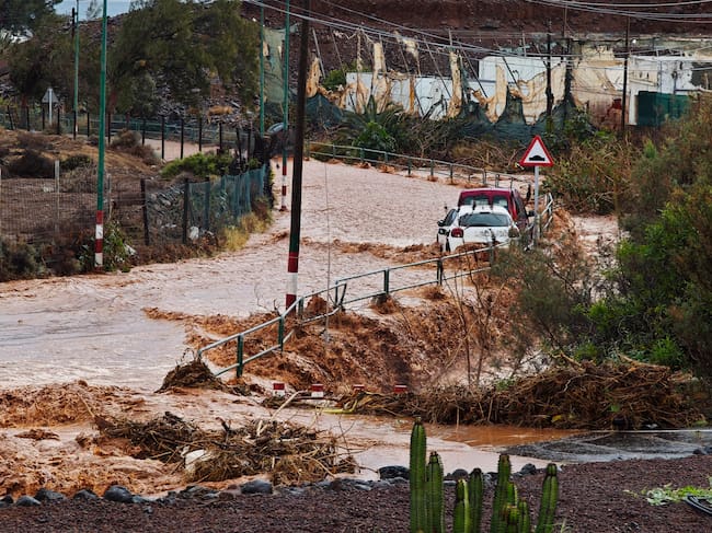 TELDE (GRAN CANARIA), 03/03/2025.- El barranco de Ojos de Garza, el Telde (Gran Canaria), desbordado por las lluvias. EFE/ Angel Medina G.