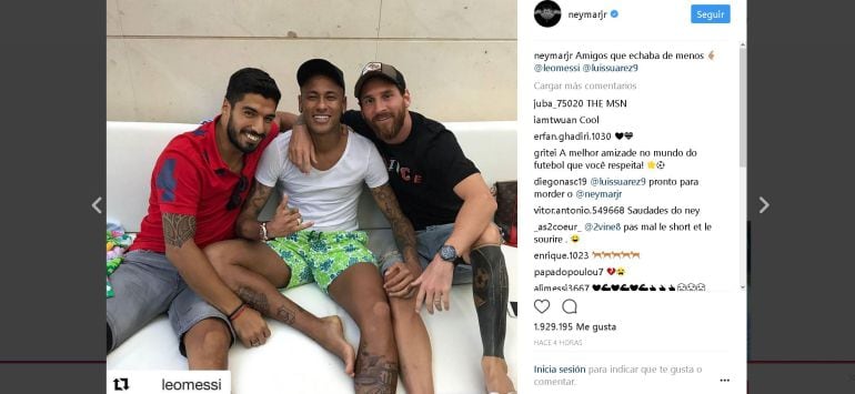 Luis Suárez, Neymar y Messi, en una imagen publicada por el brasileño en las redes sociales.