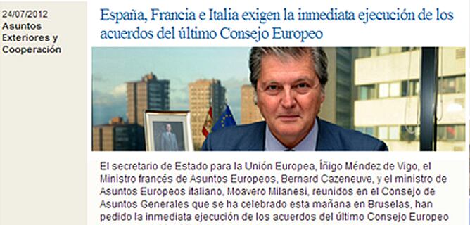 Captura de pantalla de la página web del Ministerio de Exteriores con la nota en la que aseguraban: &quot;España, Francia e Italia exigen la inmediata ejecución de los acuerdos del Consejo Europeo&quot;