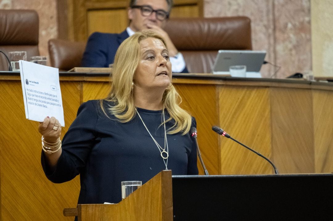 La diputada autonómica Ángela Hidalgo defiende la PNL sobre el ferrocarril en el Parlamento de Andalucía.